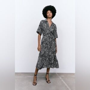 Zara Abstract Print Button Front Midi Dress Waist Tie Small